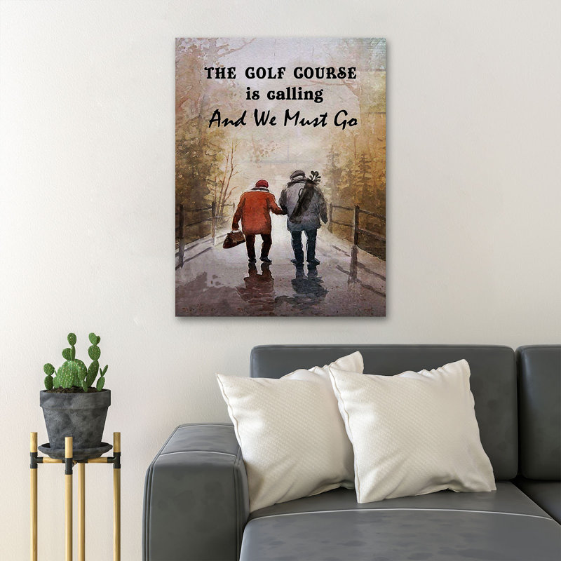 «Old Couple Hand In Hand And Golf - The Golf Course Is Calling», reproduction d'art graphique sur toile tendue 1 pièce