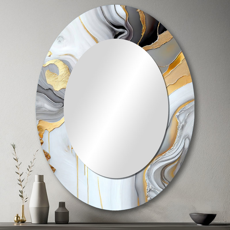 White And Gold Marble Abstract II - Large Oval Wall Mirror On Metal, 43" x 33"