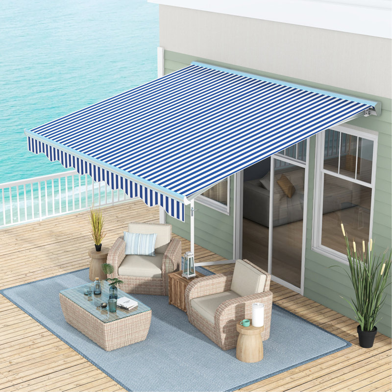 Auvent de jardin électrique rétractable 13 pi x 10 pi avec lumières à DEL, pare-soleil UV40 +, bleu et blanc pour la protection du balcon, rétractable, bleu