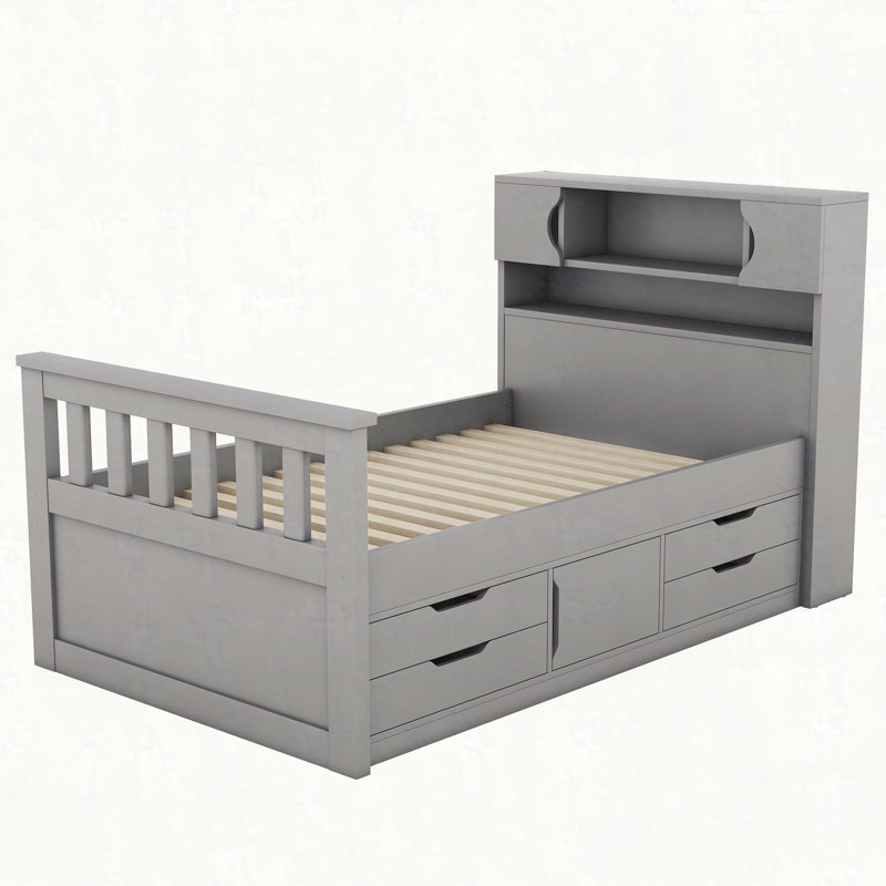 Structure de lit plateforme simple avec bibliothèques de rangement et tablettes, quatre tiroirs, gris