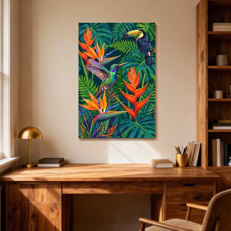 Animaux, oiseaux tropicaux et fleurs, H 12 po x l 18 po