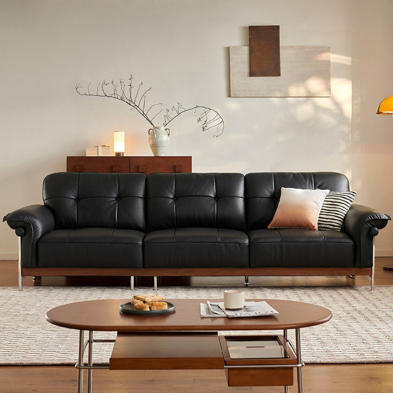 Black Genuine Leather Standard Sofa cushion Threeseat, 34.65" H x 110.24" W x 39.96" D