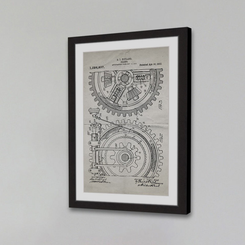 "gear 1912 old paper" par steve king, reproduction d’art encadrée, H 18 po x l 12 po x P 1,5 po