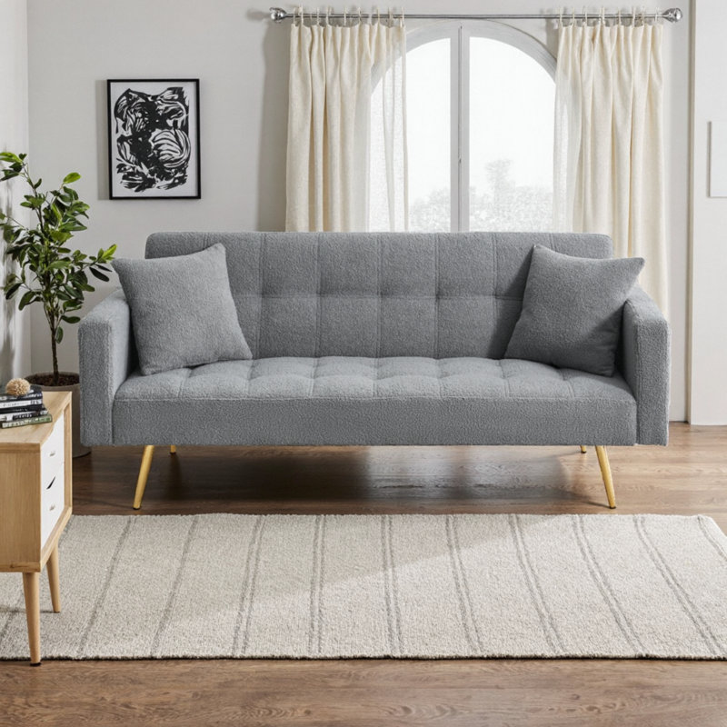 Canapé-lit en peluche 72 po avec 2 coussins et accoudoirs détachables - lit convertible pour espaces confortables, Gris