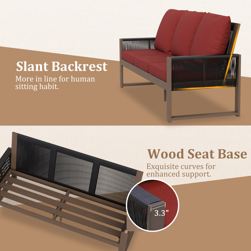 Ensemble de conversation pour 3 personnes avec canapé en bois massif et assise en cèdre, Rouge