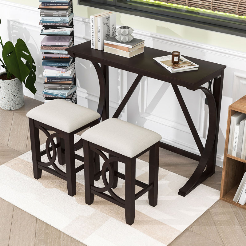 Betsons 3 - Piece Dining Set, Dining Table with USB Port and Upholstered Stools, Espresso, Espresso, Espresso