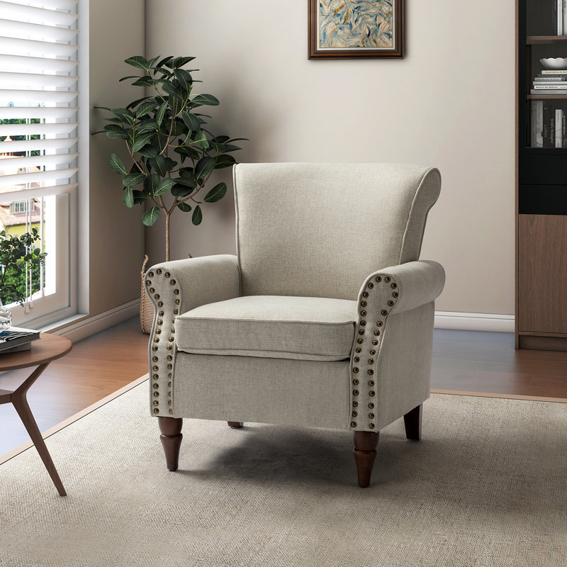Zellig Traditional Wooden Upholstered Accent Chair, Oatmeal
