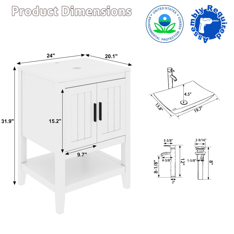 Ensemble de meuble-lavabo simple 24 po avec lavabo vasque, robinet et drain Sharee, assemblage requis, Blanc