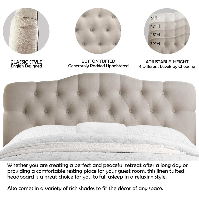 Linen Upholstered Headboard-Modern-Adjustable Height-Button Tufting, Beige, Queen