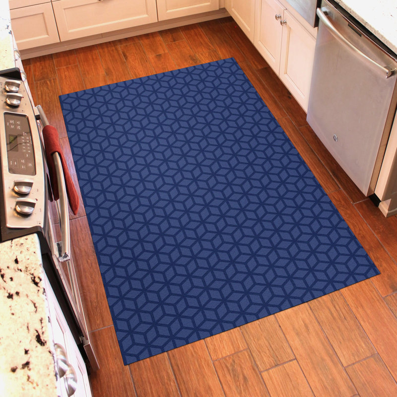 Un-Rug Cubics Rube Low Profile Kitchen Mat by Matterly, Rectangle 4' x 6', Blue