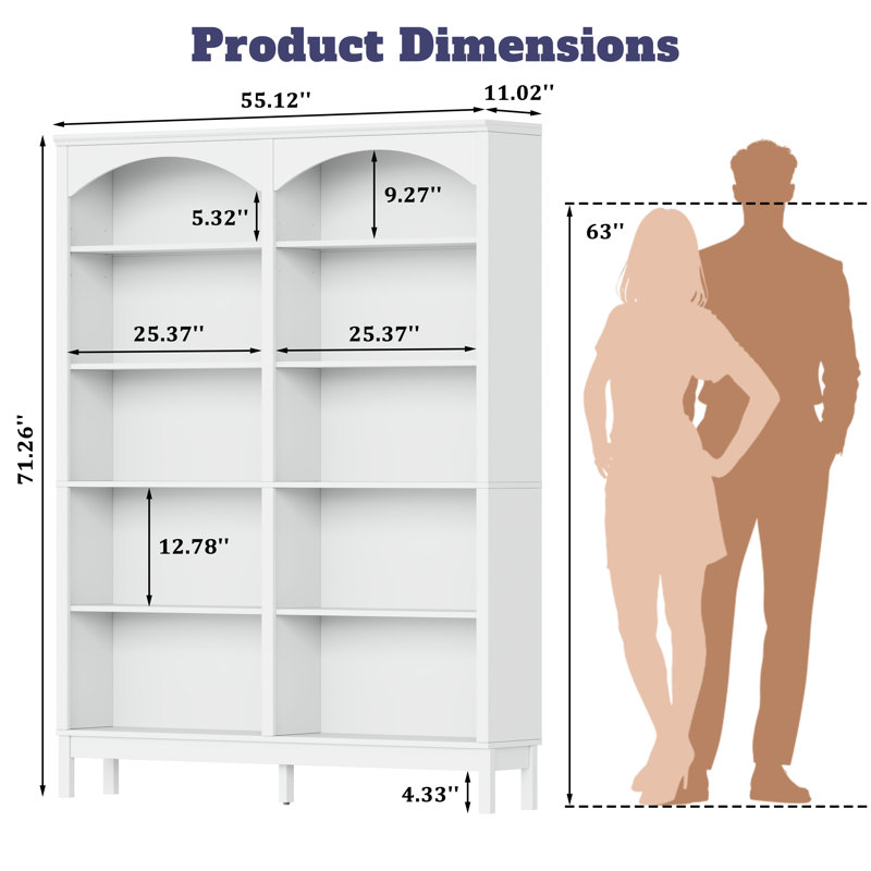 Bibliothèque à 5 niveaux avec tablettes ouvertes, L 55,12 po x P 11,02 po x H 71,26 po, White