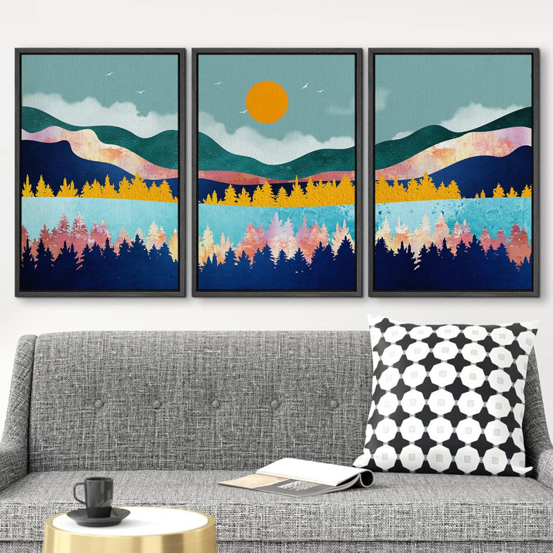 Abstract Mountain " Orange Sun Over Granite Mountains & River Nature Wilderness Modern Art Rustic Scenic Colourful " 3 - Pieces