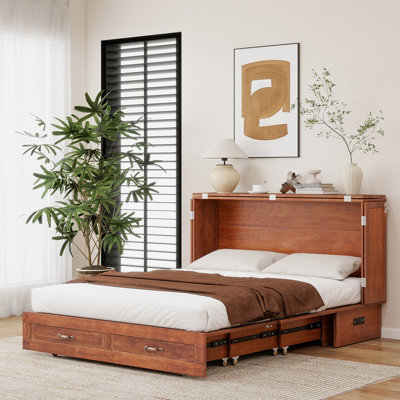 Queen Murphy Bed Cabinet: Hidden Space-saving Solid Wood Cabinet Bed with USB Charging for Beedrooms and Apartments(Mattress Not Included) Yellow Brown-13 Geometric Wood Grain Design