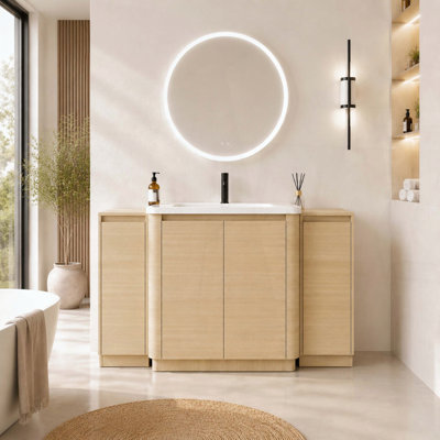 Meuble-lavabo autoportant de 60 pouces avec lavabo en céramique blanche et 2 petites armoires de rangement