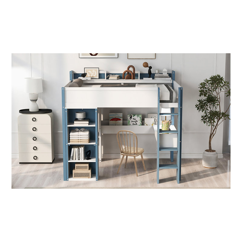 Lit mezzanine double en bois pleine grandeur avec tablettes de rangement intégrées, portemanteaux et bureau, blanc et bleu
