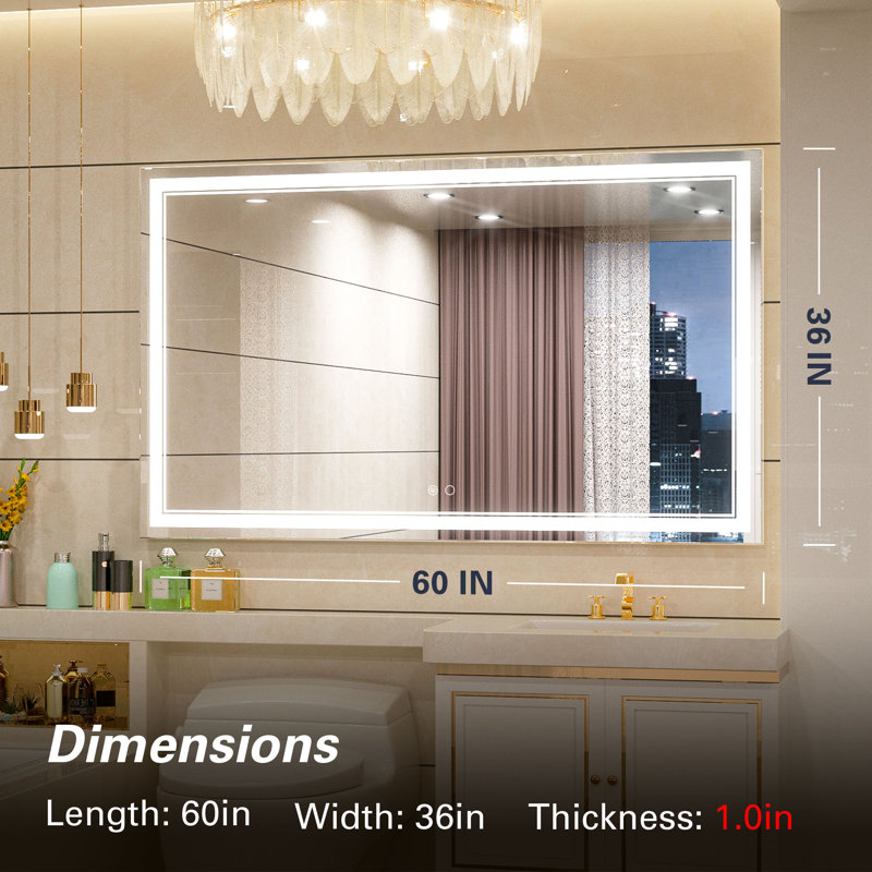 Adorna Frameless LED Lighted Bathroom / Vanity Mirror with Brightness Adjustable, Memory Function, Anti-fog, 36" H x 60" W
