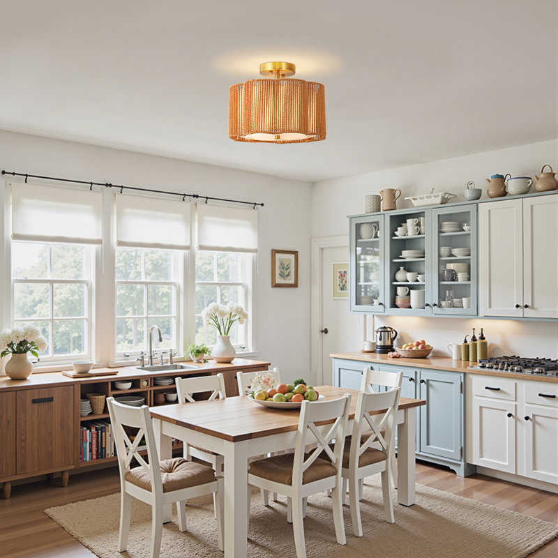 Dimmable Semi Flush Mount Ceiling Light Rattan Drum Pendant Lighting Chandelier, Bronze