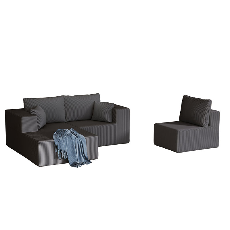 108.3" Sectional Foam Couch, Dark Gray Corduroy