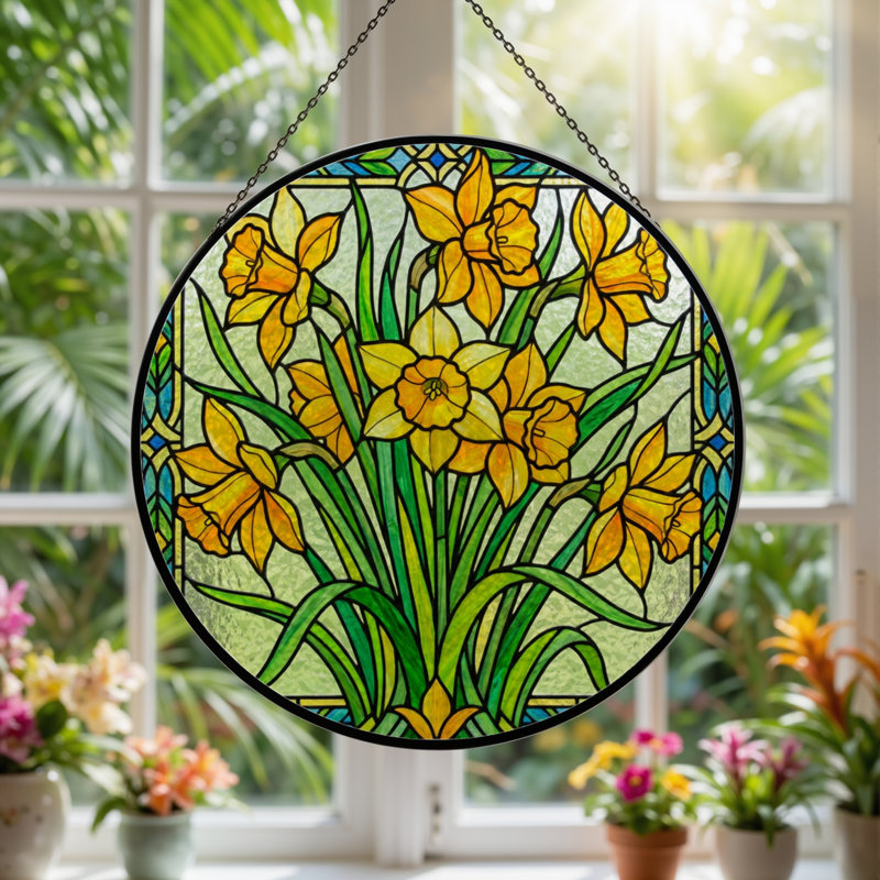 7.8"H Daffodil Pattern Stained Glass Window Panel