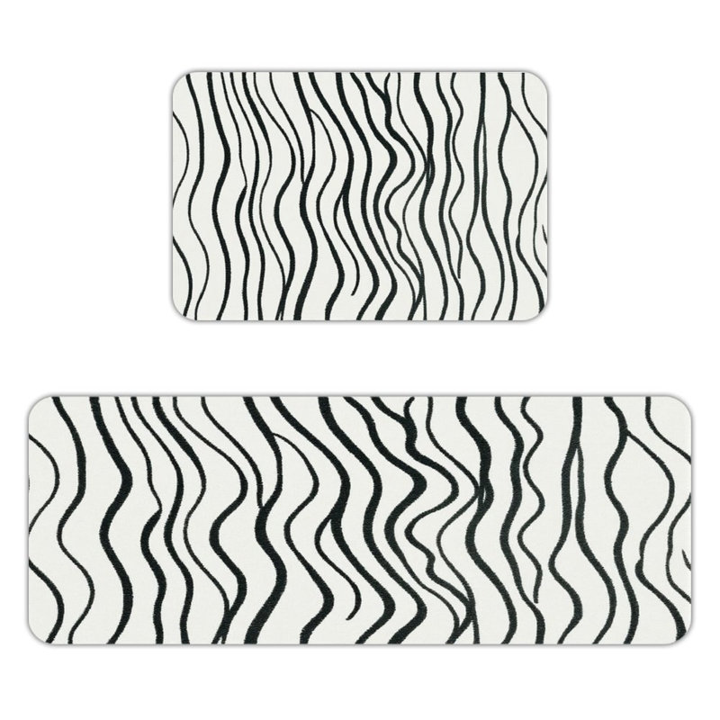 2-Piece Set Wave Pattern Black White Kitchen Living Room Kitchen Floor Mats