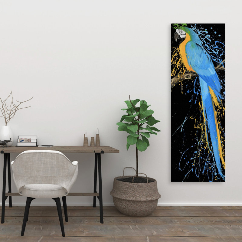 Perroquet Ara bleu - toile jaune pour décoration intérieure