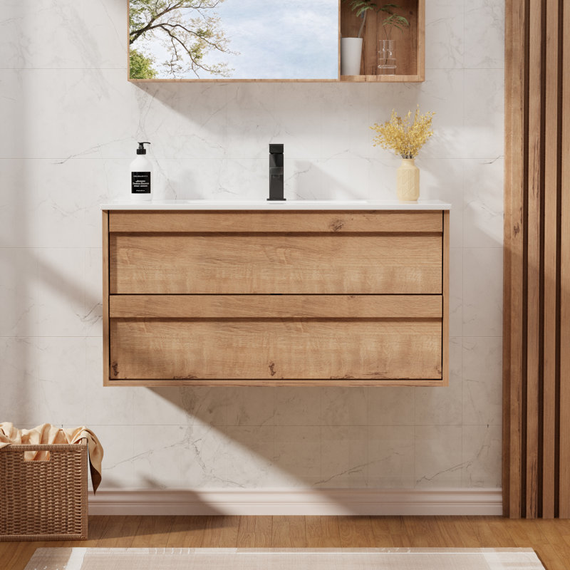Jadaya Sharee 36" Wall Mounted Bathroom Vanity Set with Sink Top, Faucet, Floating Cabinet, EPA Certified, Oak