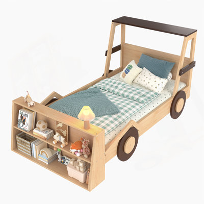 Kinnelon Size Car Bed With Storage Shelves, Kids Platform Bed With Cute Car-Shape, Childlike Design, Brown & White