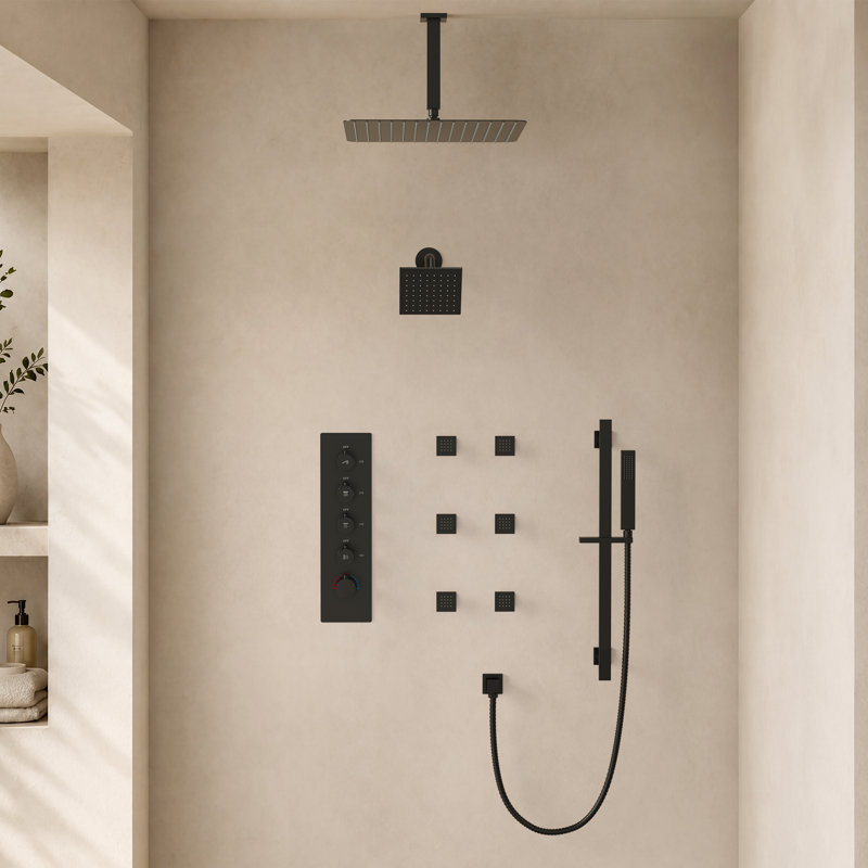 Ceiling Mount 16" High-Pressure Rainfall Shower Faucet, Dual Rainfall Shower Head System with Thermostatic Valve, Matte Black