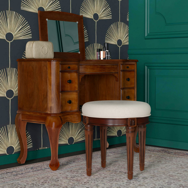 Bernadette Upholstered 18"W Vanity Stool, Olive Ash Burl, Brown/Coffee