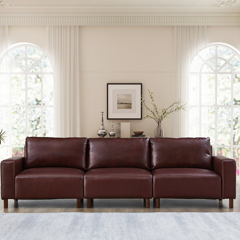 Canapé trois places de luxe de 112 po bordeaux, revêtement en cuir PU respirant, structure en bois massif et confort d'assise optimal pour salon, style milieu du XXe siècle, appartement