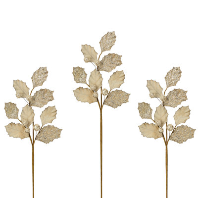 27" Glitter Holly Leaf Spray