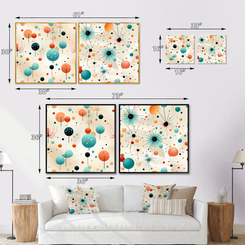 Blue Funky Polka Dot Floral Delights - formes abstraites carrées, ensemble de 2 collages, Cadre flottant noir