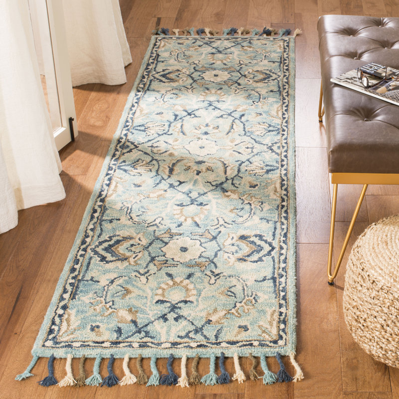 Jahiem Oriental Handmade Tufted Wool Blue/Ivory Area Rug, Runner 2'3" x 8'
