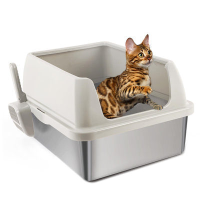 Bac à litière pour chat XL en acier inoxydable fermé, côtés hauts, facile à nettoyer et antiadhésif, anti-fuite, avec pelle à litière pour chat, beige 