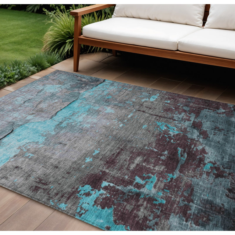 Tapis intérieur/extérieur lavable, 2,44 m x 3,05 m, motifs abstraits bleu sarcelle, gris et taupe