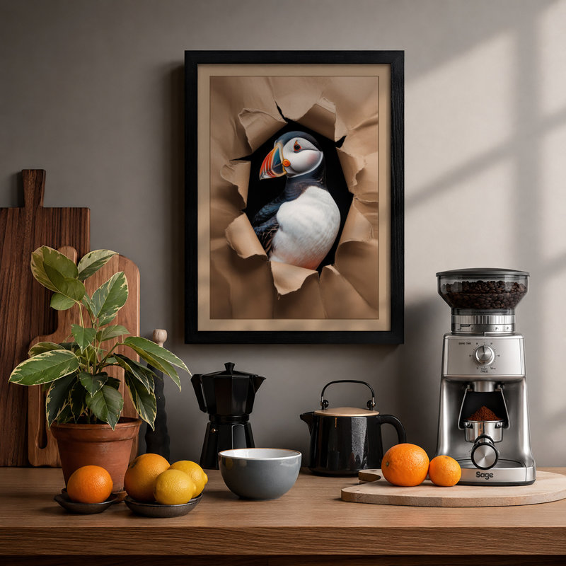 Puffin Breaks Through Modern - Framed Print, Black, A4 - 29.7 x 21.0 cm