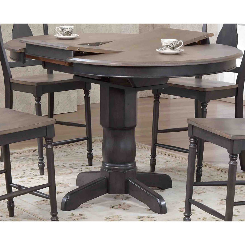 Geirlaugur Round Counter Height Extendable Butterfly Leaf Solid Wood Dining Table in Grey , Gray Stone/Black Stone