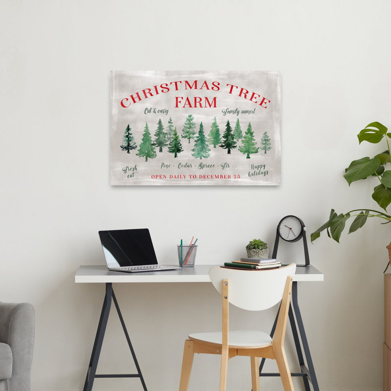 Arbre de Noël, ferme, signe, arbre de Noël contemporain abstrait, paysage d'hiver, reproduction d'art mural, 24" H x 36" W