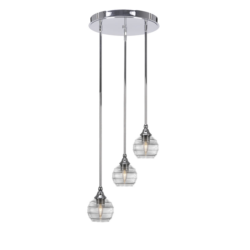 Luminaire suspendu grappe suspendu à 3 lumières Empire avec verre côtelé transparent 6 po Empire, Chrome chrome