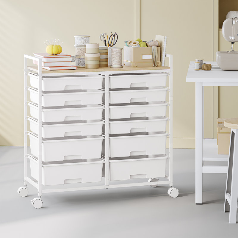 Chariot utilitaire roulant 12 tiroirs avec plateau en bois, rangement pour artisanat mobile et organisateur de fournitures d'art, chariot roulant pour bureau à domicile, rangement pour salle de classe avec roues