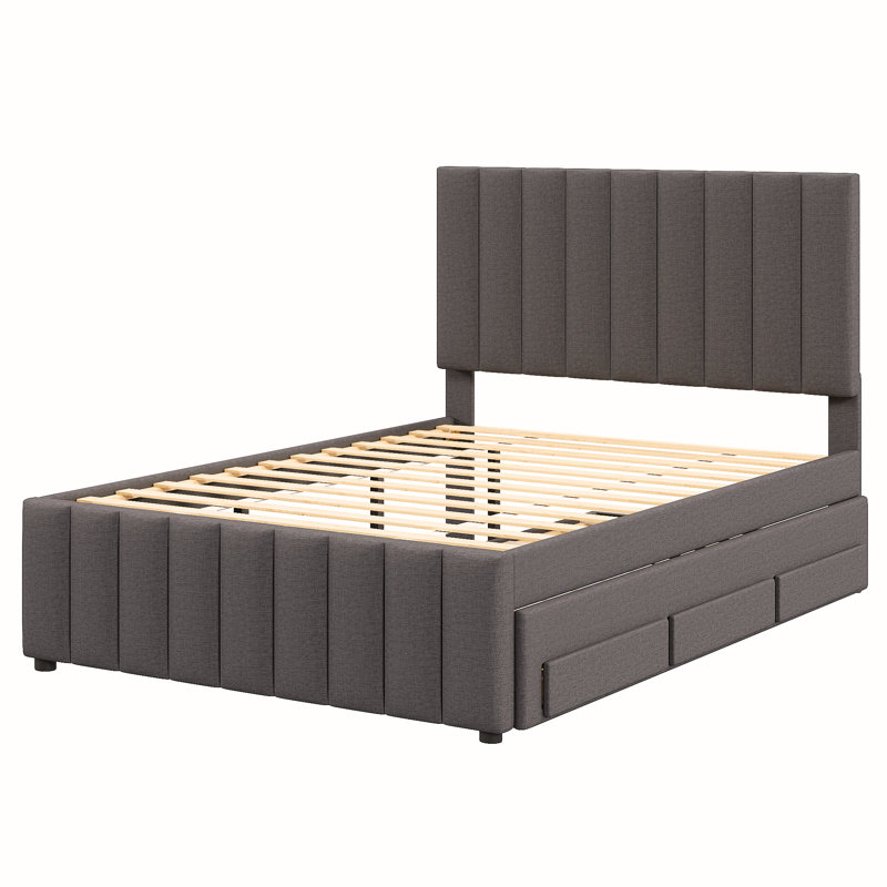 Lit plateforme tapissier avec lit gigogne et 3 tiroirs, tissu en lin