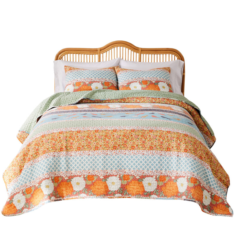 King Size Blue and Orange Microfiber Reversible Quilt Set