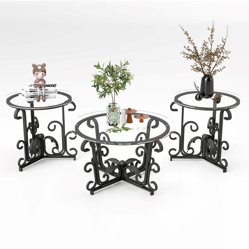 Ensemble de 3 tables basses à surface en verre trempé, table d'appoint ronde avec table de bout robuste et robuste pour le salon, noir rustique