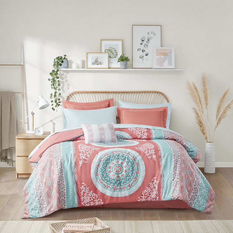 Ensemble d'édredon pour lit simple et ensemble de draps - Grand médaillon en corail, tissu lisse, literie complète avec motif corail Collection, microfibre douce, chambre à coucher tout compris