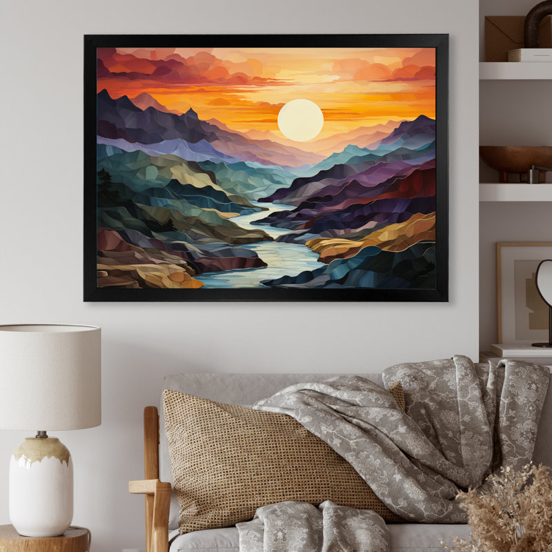 «Orange Teal Mountains Bold Landscape», reproduction d'art sur toile, Cadre simple noir, H 16 po x l 32 po x P 1 po