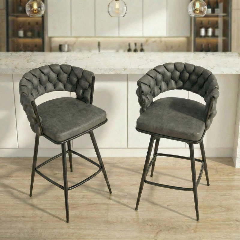 28" Swivel Bar Stools Set Of 2 – Faux Leather Counter Stools With Woven Backrest, Metal Base & Footrest, Black