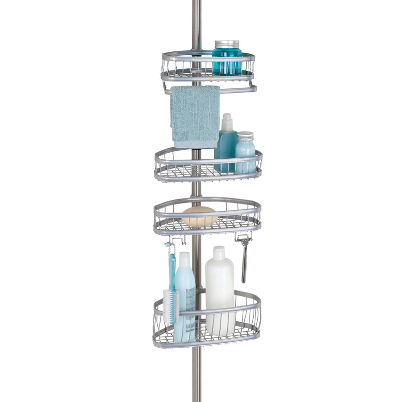 Silver Metal Tension Rod Corner Shower Caddy with Adjustable Baskets