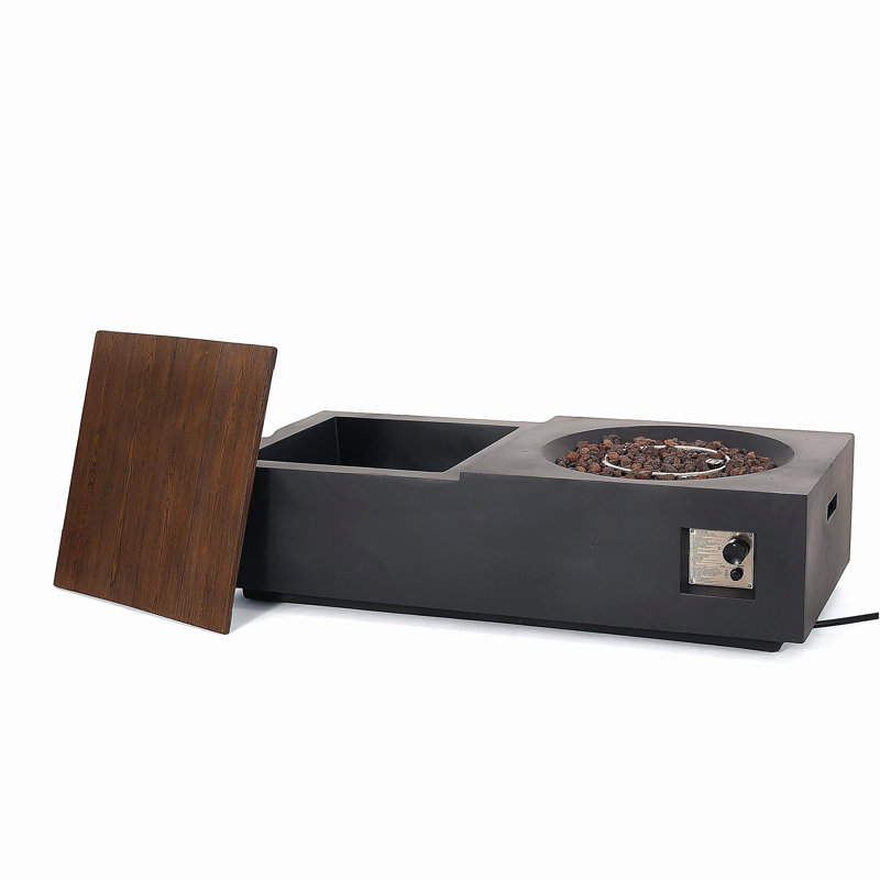 Outdoor 50000BTU Lightweight Concrete Rectangular Fire Pit Table with Storage Space, without Tank Lid