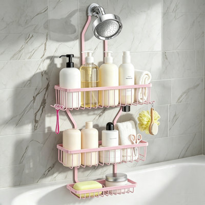 Le chariot de douche en aluminium Never Rust se suspend au-dessus d'une pomme de douche, un organisateur de douche à 3 niveaux avec panier à savon et crochets, une tablette de rangement de douche à plusieurs niveaux