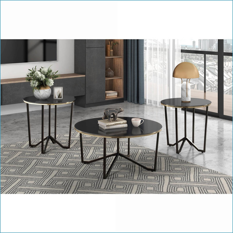 Ensemble de tables basses de salon 3 pièces Modern, plateau en verre trempé noir avec bandes dorées, assemblage simple